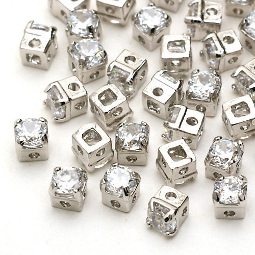 RD-001-OR / 10 Pcs - Square Cubic Zirconia Stone Beads Spacer, Silver Plated over Brass / 3mm x 3mm
