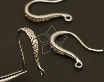 EA-072-OR / 4 Pcs - Shapely Stone Hook Ear Wires, CZ Wedding Bridal Earrings Findings, Rhodium Silver Plated over Brass / 17mm