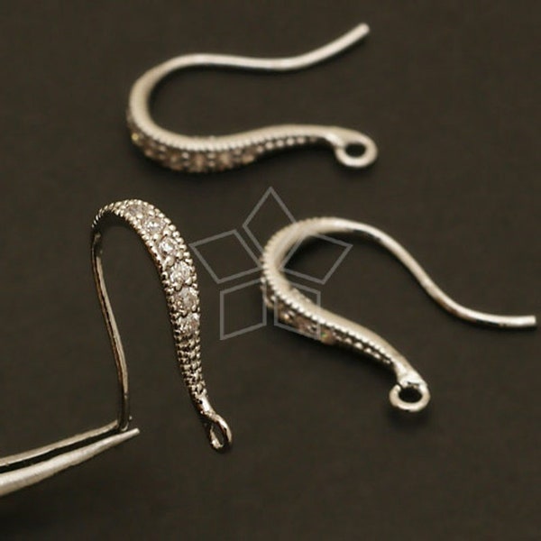 EA-072-OR / 4 Pcs - Shapely Stone Hook Ear Wires, CZ Wedding Bridal Earrings Findings, Rhodium Silver Plated over Brass / 17mm
