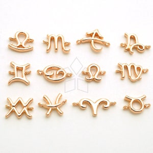 PD-2855-RG / 2 szt. - malutki łącznik z symbolem znaku zodiaku, zawieszka z dwoma pętlami urodzinowa konstelacja w kolorze różowego złota, wybierz swój znak!