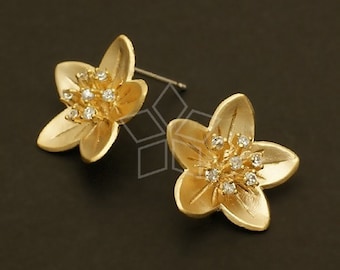 SI-407-MG / 2 Pcs - Jewel Stamen Flower Earrings, CZ Flower Ear Posts, Matte Gold Plated, 925 Sterling Silver Post / 16mm x 16mm