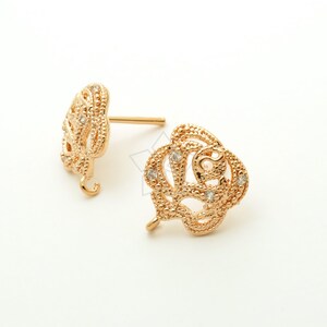 SI-338-RG / 2 Pcs - Jewel Rose Earring Posts, Gold Plated Flower Jewelry Earring Findings, 925 Sterling Silver Post / 11mm x 12mm