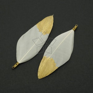FT-046-WT / 2 pcs - Duck Feather Pendant, Handmade White Feather Half Dipped in Gold, Natural Bohemian Plume Pendant / 50mm