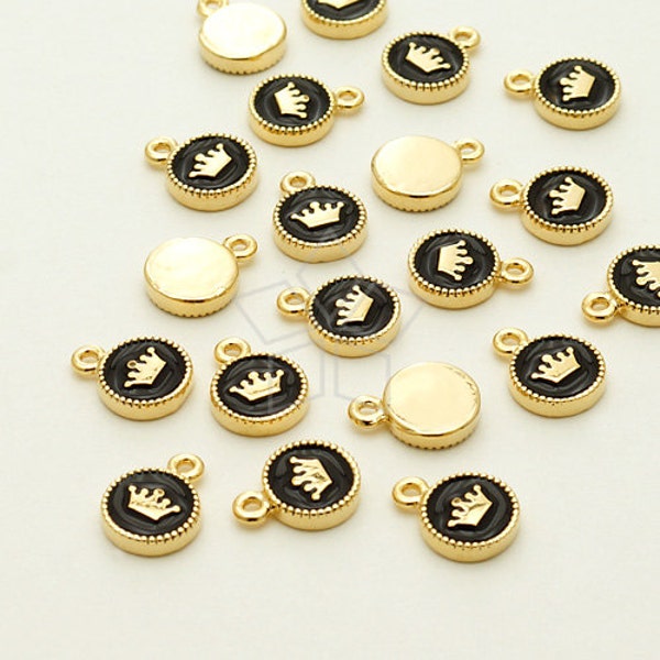 PD-825-GD / 2 Pcs - Mini Round Black Enamel Epoxy Charms, Crown Tiara Drop Pendant, Gold Plated over Brass / 6mm x 8mm