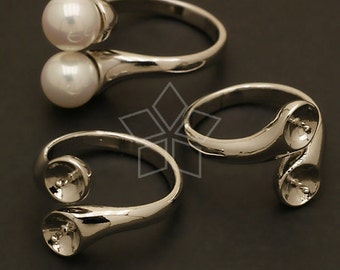 RR-010-OR / 2 Pcs - Double Pearl Cups Ring Base, Adjustable DiY Pearl Ring Making, Silver Plated over Brass / Free Size