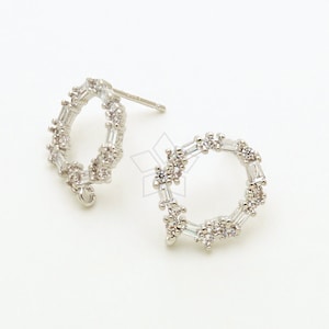 SI-1046-OR / 2 Pcs - Prism Cubic Zirconia Circle Ear Posts, Rhodium Silver Plated CZ Circle Ring Ear Studs, 925 Sterling Silver Post / 13mm