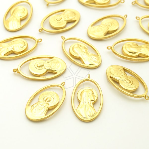 PD-3335-MG / 1 Pcs - Virgin Mary Oval Medal Pendant, Miraculous Medal, Mother Mary Catholic Religious, Matte Gold Plated Brass / 13mm x 23mm