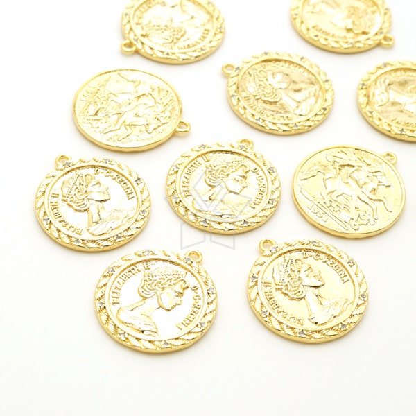 PD-111-GD / 2 Pcs - Cubic Rope Border Queen Elizabeth Mini Coin Charms, 20mm Gold Coin Pendant, Choose Color! / 20mm