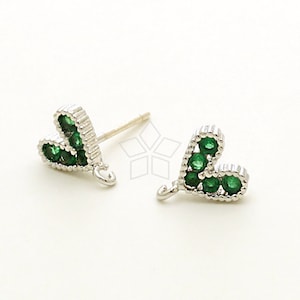 SI-1012-OR / 2 Pcs - Cute Heart Stud Earrings, Emerald Green CZ Heart Ear Posts, Silver Plated, 925 Sterling Silver Post / 7.5x6.8mm