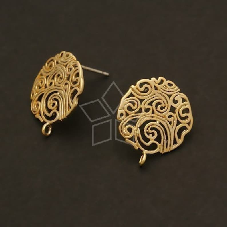 SI-288-MG / 2 Pcs Paisley Circle Earring Findings, Matte Gold Plated over Brass, 925 Sterling Silver Post / 15mm x 17mm image 1