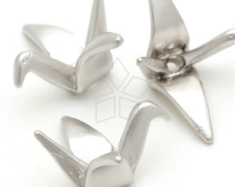 AC-144-MS / 2 Pcs - Folded-Paper Crane Beads, Bird Bead Charm, Matte Silver Plated over Pewter / 23mm x 10mm