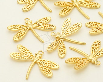 PD-1100-MG / 2 Pcs - NEW Dragonfly Pendant (L-Size), Insect Charm, Matte Gold Plated over Brass / 22mm x 17mm