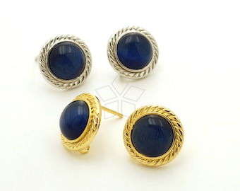 SI-793-OP / 2 Pcs - Montana Blue Cat's Eye Round Bezel Stud Earrings, Cabochon Cut Blue Gemstone Ear Posts, Choose Color! / 13mm