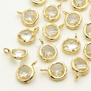 PD-721-GD / 2 Pcs - Cute Glass Stone Round Pendant, Clear Gemstone Gold Framed Bezel Charms / 7mm x 10mm