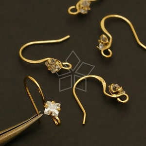 SV-102-GD / 2 Pcs - Diamond-Shaped Stone French Hook Ear Wires, Gold Plated over .925 Sterling Silver / 13.5mm