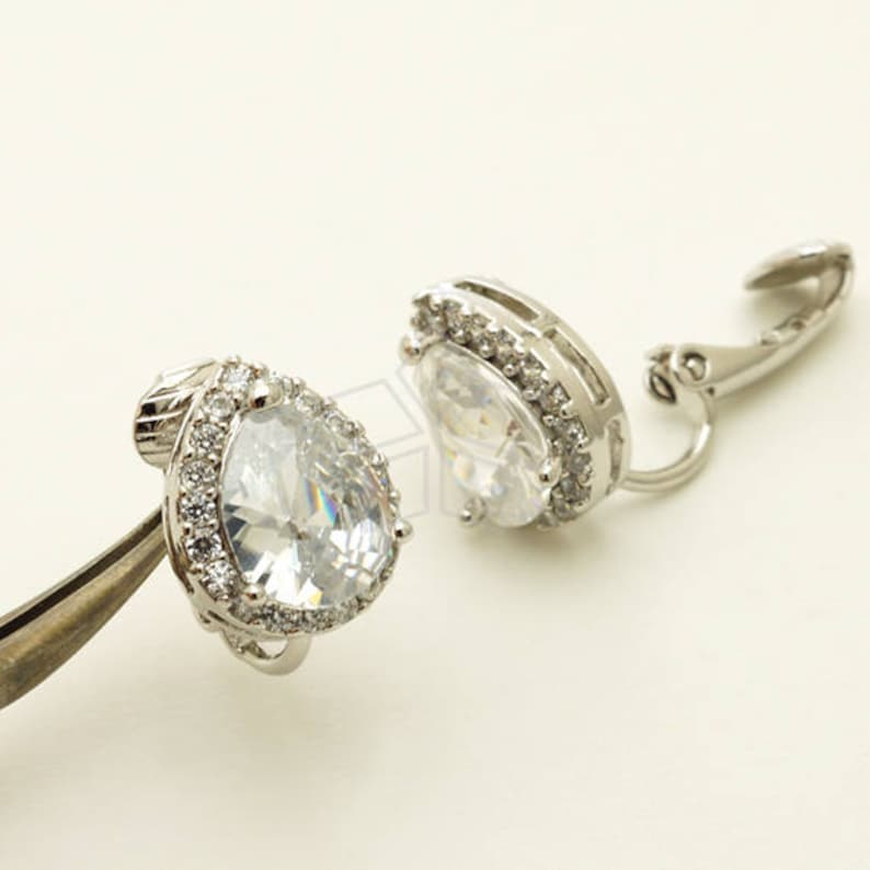 Silver Plated over Brass 11mm x 14mm Non Pierced Earrings EA-235-OR 2 Pcs CZ Bezel Setting Drop Earrings Clip on Earrings