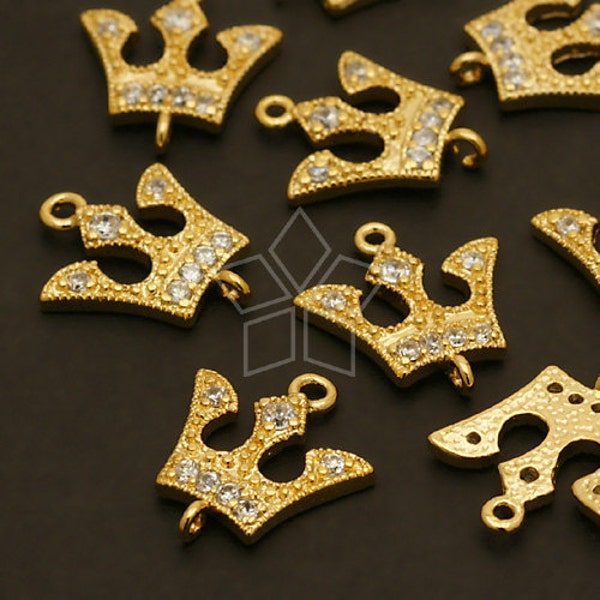 PD-140-GD / 2 Pcs - Jewel Tiara Pendant, Crown Charm Connector Earrings Findings, Gold Plated over Brass / 12x14mm