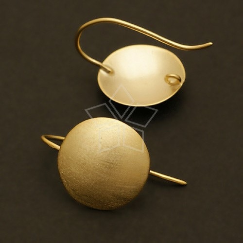 EA-070-MG / 2 Pcs - Brushed Dome Ear Wires, Round Disc Shield Earrings, Matte Gold Plated over Brass / 14mm