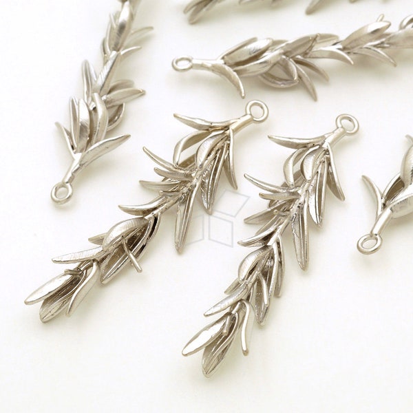 PD-2993-MS / 2 Pcs - Pine Leaf Pendant, Pine Stem Charm Pendant, Pine Tree Branch Pendant, Matte Silver Plated over Brass / 14mm x 46mm