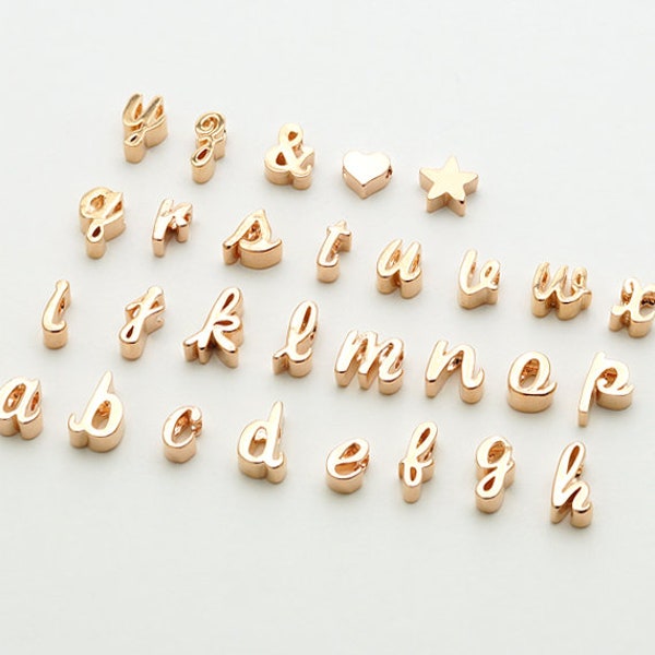 IN-830-RG / 2 Pcs - Cursive Initial Charms, Personalized Alphabet Initial Bead Pendant, Choose Letter, Rose Gold Plated Brass