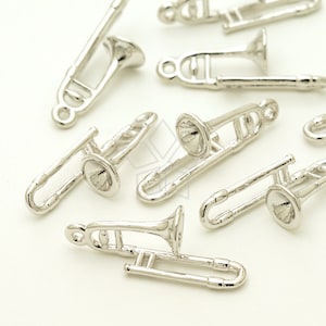 PD-1658-OR / 2 Pcs - Trombone Charm, Horn Pendant, Miniature Trumpet, Musical Instrument Charm, Silver Plated over Brass / 8mm x 22mm