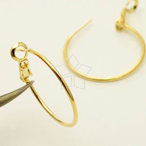 SI-835-GD / 2 Pcs - Hoop Earrings, Leverback Round Hoops, Circle Ear Hooks, Gold Plated over Brass, with .925 Sterling Silver Post / 25mm