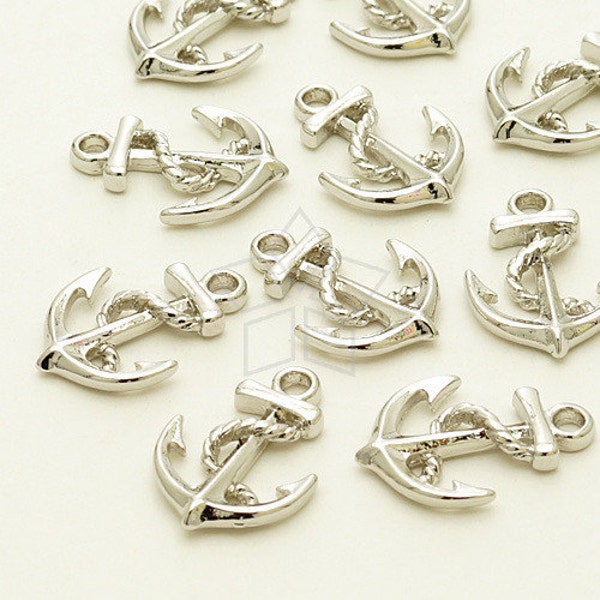 PD-1095-OR / 4 Pcs - Mini Rope Anchor Charm, Sea Ocean Marine Pendant, Silver Plated over Pewter / 11mm x 16mm