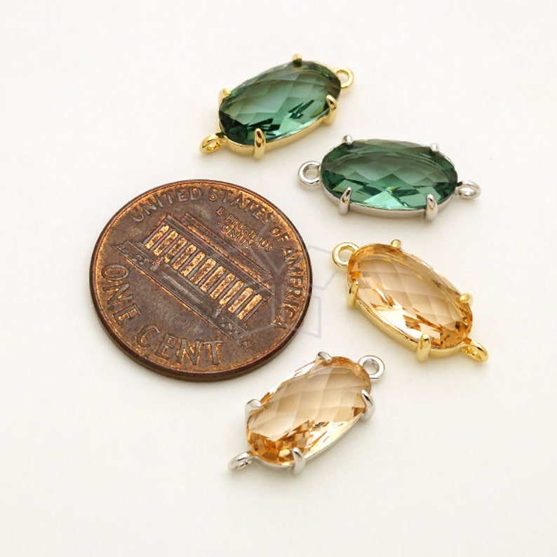 Gold Plated Brass Bezel 7mm x 16mm PD-2758-GD 2 Pcs Sideways Connector Champagne Faceted Slim Oval Glass Stone Pendant