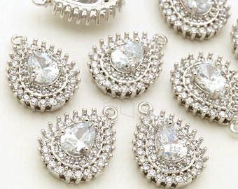 PD-2971-OR / 1 Pc - Full Cubic Zirconia Setting Double Layer Pear Drop Pendant, Silver Plated over Brass / 14mm x 20mm