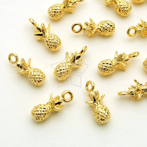 PD-1632-GD / 2 Pcs - Tiny Pineapple Charm Pendant, Fruit Charm, Gold Plated over Brass / 5mm x 11mm