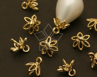 CP-037-GD / 4 pezzi - Copriperlina a forma di petalo di fiore con perno per perla o pietra preziosa semiforata, placcato oro su ottone / 6,5 mm