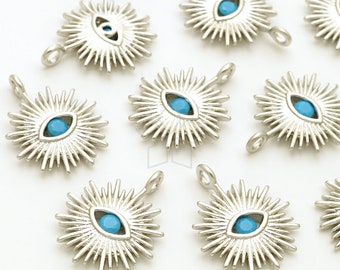 PD-168-MS / 2 Pcs - Solar Evil Eye Charm Pendant with Turquoise Blue Cubic Zorconia, Matte Silver Plated over Brass / 12mm