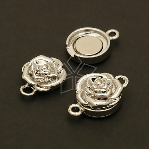 CS-039-OR / 2 Pcs - Fermoir magnétique fleur de rose, fermoir à perles, claps de collier, fermeture de fermeture de bracelet, plaqué argent sur laiton / 11.5mm