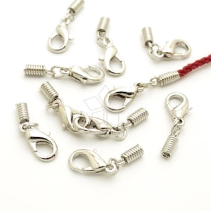 CS-085-OR / 10 Pcs - Lobster Clasp with Spring Crimp Cord End Caps for 1.5 - 2mm Cord for Face Mask Strap Holder Lanyard, Rhodium Plated