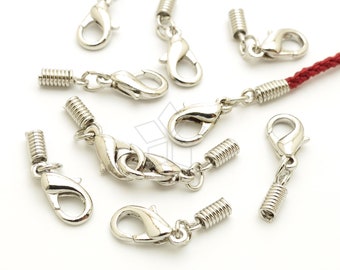 CS-085-OR / 10 Pcs - Lobster Clasp with Spring Crimp Cord End Caps for 1.5 - 2mm Cord for Face Mask Strap Holder Lanyard, Rhodium Plated