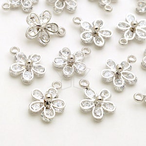 PD-2150-OR / 2 Pcs - Little CZ Flower Charms, Floating Setting Cubic Zirconia Flower Pendant, Silver Plated over Brass / 8.4mm