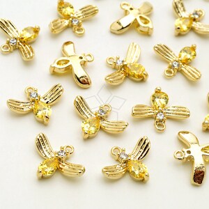 PD-2982-GD / 2 Pcs - Cubic Zirconia Honey Bee Charms, Tiny CZ Honey Bee Charm Pendant, Gold Plated over Brass / 10.9mm x 9mm