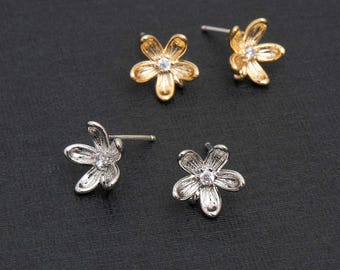 SI-1178-OP / 2 Stück - Wilde Blume Kubik Zirkonia Ohrstecker, CZ Blumen Ohr Posts, 925 Sterling Silber Post / 10 x 10 mm