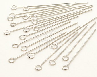 FD-105-OR / 90 Pcs - 22 Gauge Eye Pins, Rhodium Silver Plated over Brass, 0.6mm Wire Thickness / 30mm