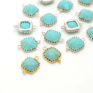 AC-065-OP / 2 Pcs - Turquoise Gemstone Cushion Cut Bezel Connector, Two Loops Connector Charm, Choose Color / 9mm x 14mm