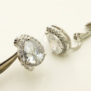 EA-235-OR / 2 Pcs - Clip on Earrings, CZ Bezel Setting Drop Earrings, Non Pierced Earrings, Silver Plated over Brass / 11mm x 14mm