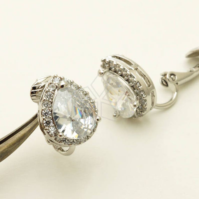 Silver Plated over Brass 11mm x 14mm Non Pierced Earrings EA-235-OR 2 Pcs CZ Bezel Setting Drop Earrings Clip on Earrings