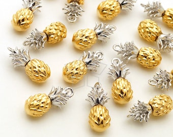 PD-2112-GS / 2 Pcs - Dainty Pineapple Charms Pendant, Tiny Two-Tone Pineapple Charms, Matte Gold&Silver Plated Brass / 5mm x 13mm