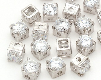 RD-003-OR / 10 Pcs - Square Cubic Zirconia Stone Beads, Metal Cube Beads, Silver Plated over Brass / 4x4mm