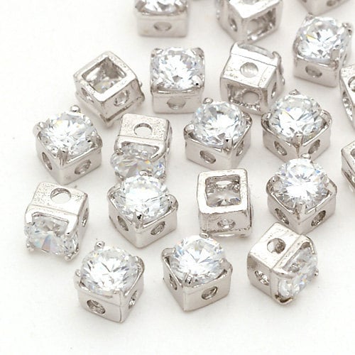 RD-003-OR / 10 Pcs - Square Cubic Zirconia Stone Beads, Metal Cube Beads, Silver Plated over Brass / 4x4mm