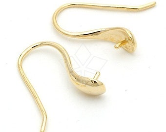 SI-106-GD / 2 Pcs - Hook Ear Wires For Half-drilled Pearl, DIY Pearl Jewelry Earring Making, Gold Vermeil 925 Sterling Silver / 18mm
