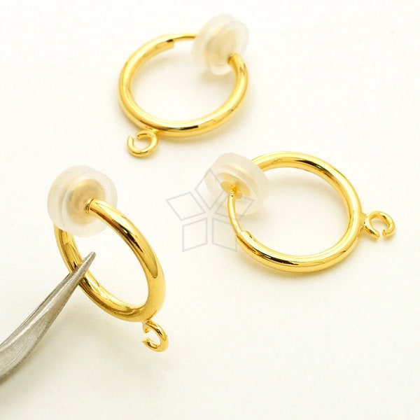 EA-278-GD / 6 Pcs - Non Pierced Spring Clip Earring Finding with Silicon Rubber Pads for Comfortable Fit, Gold Plated Brass / 13mm