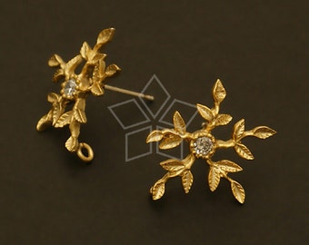 SI-198-MG / 2 Pcs - Penta-Laurel Earrings, Leaf Sprig Ear Posts, Matte Gold Plated, 925 Sterling Silver Post / 16mm x 16mm