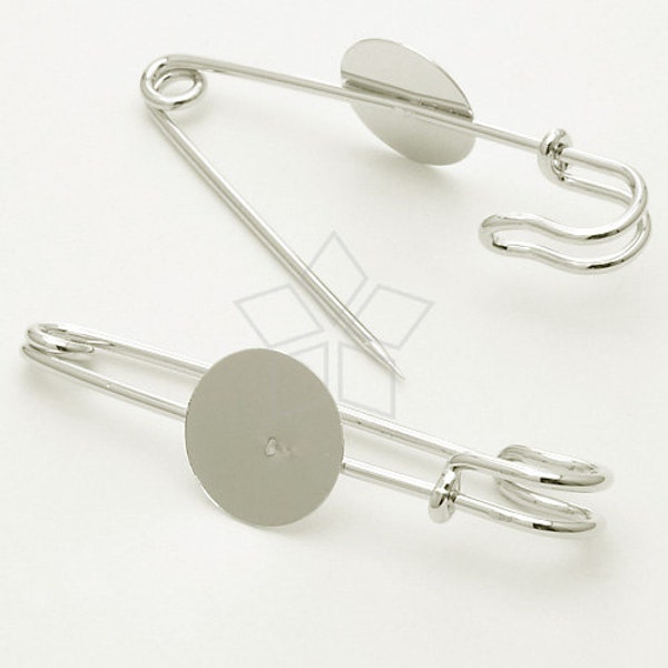 PN-003-OR / 4 Pcs - Trouvailles de broche avec tampon rond, plaqué argent sur laiton / 70mm