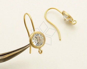 EA-126-MG / 2 Pcs - Round CZ Hook Ear Wires, Earrings Findings, Matte Gold Plated over Brass / 18.5mm